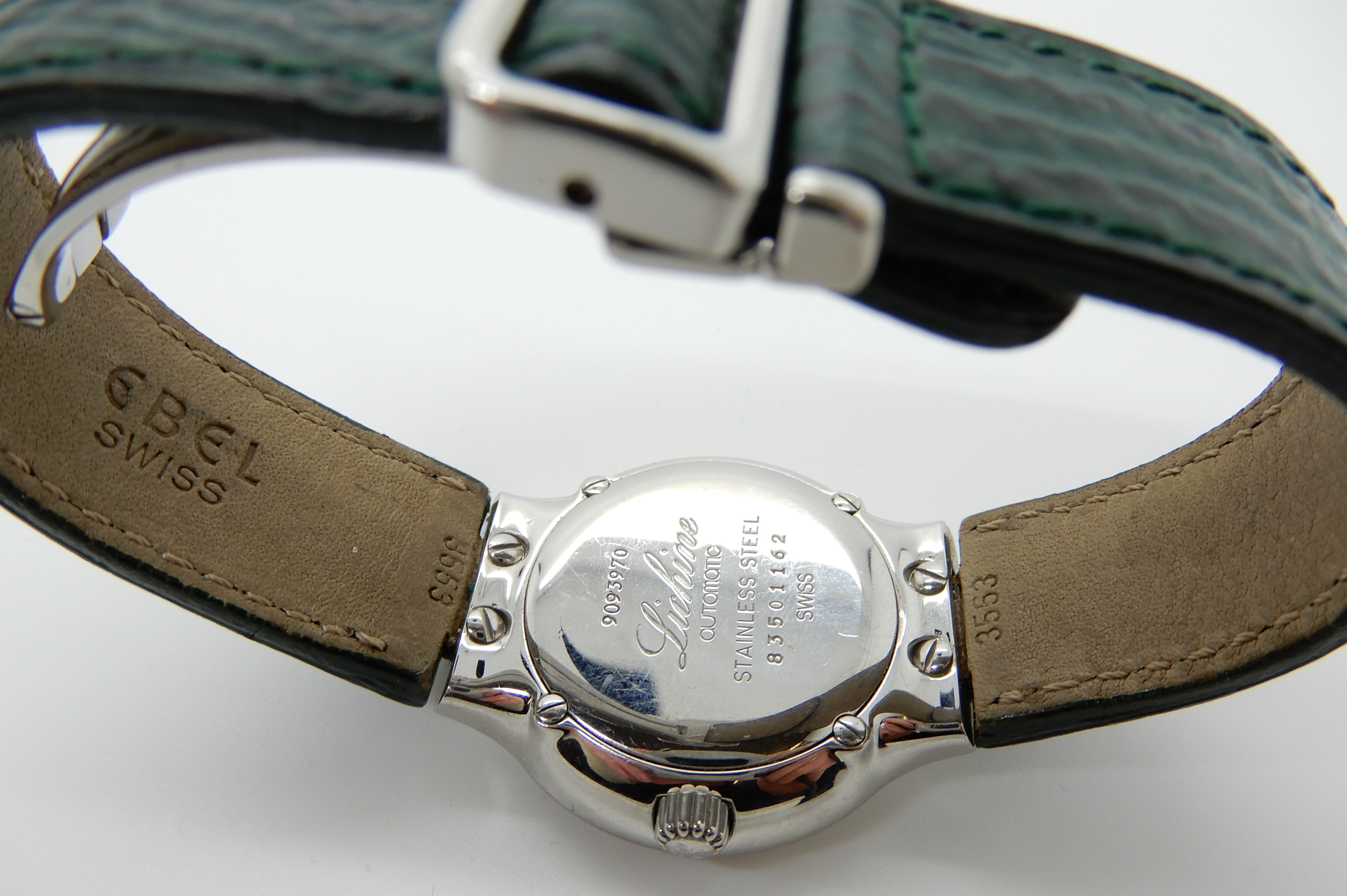 A gents stainless steel Ebel Lichine automatic wristwatch with a green leather strap Numbers stamped - Image 4 of 4