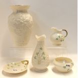 A Belleek acorn and oak leaf decorated vase and assorted shamrock decorated pieces Condition Report:
