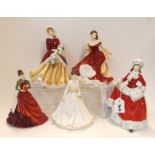 Five Royal Doulton figures including A Christmas Gift, Winter, Winter's Dream, Winter Ball and