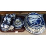 Assorted blue and white pottery including a Windsor China teaset, platters, pink and white cheese