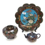 A cloisonne scalloped edged plate together with a small teapot and a pot pourri pot Condition