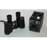 A pair of vintage binoculars and box camera (2) Condition Report: Available upon request