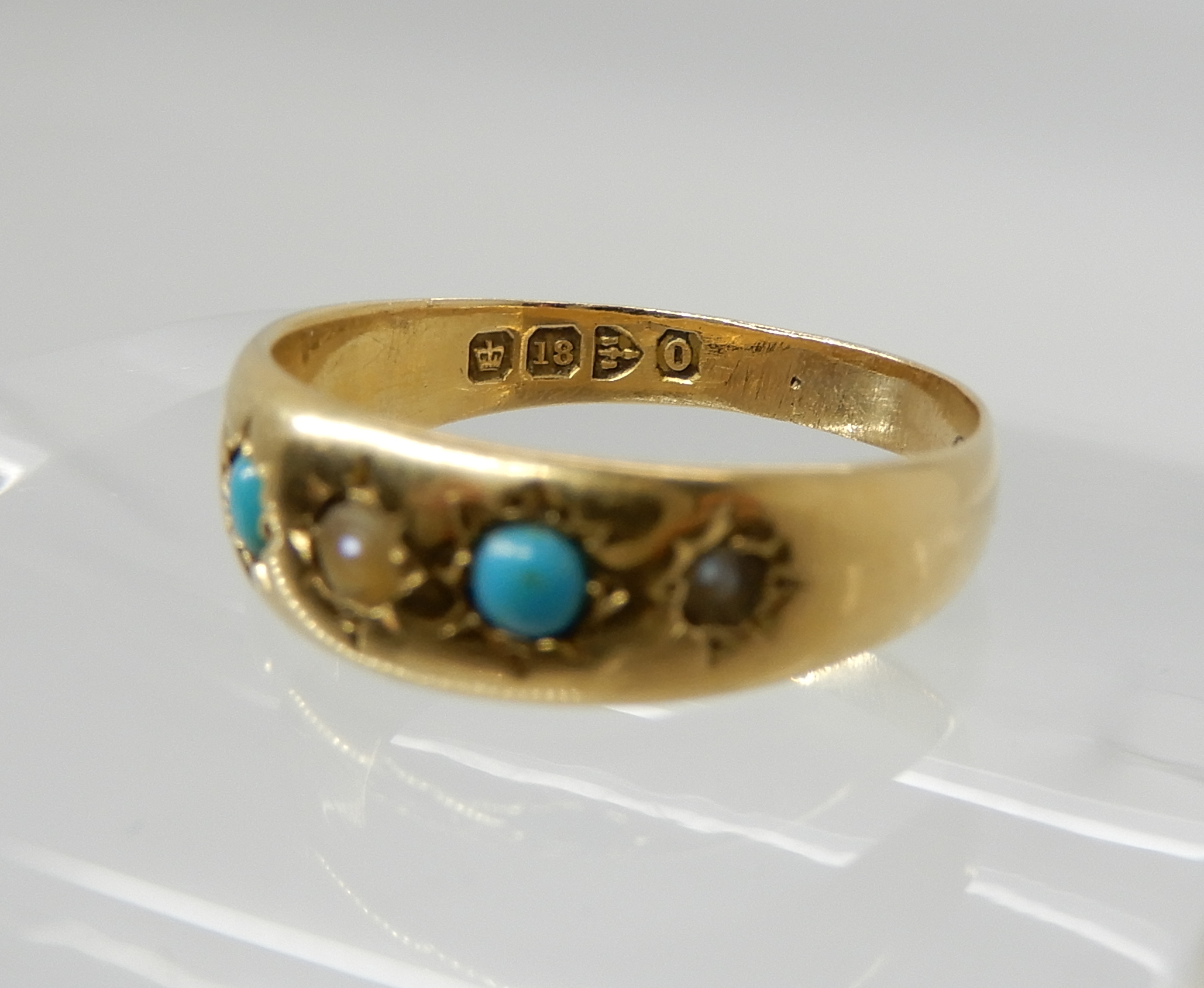 An 18ct gold turquoise and pearl ring, dated Chester 1897, size P1/2, weight 3.6gms Condition - Image 3 of 4