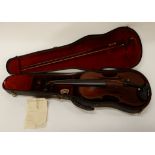 A one piece back violin 35.5cm bearing label to the interior " Charles BUTHOD LUTHIER" with bow