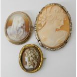 A yellow metal brooch mounted cameo of the Madonna, a silver mounted cameo pendant brooch and a gold