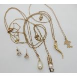 Three 9ct gold pendants, one in yellow metal and four 9ct chains and a pair of clear gem set