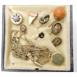 A yellow metal enamel detail locket and guard chain, and a selection of pins to include a sharks