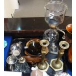 A retro coffee maker, Scandinavian glass dish, Danish wooden dish, brass candlesticks and assorted