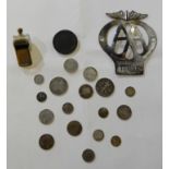 A lot comprising an AA car badge, an ACME Thunderer whistle and a quantity of pre-'47 GB coins