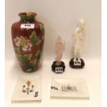A rose quartz geisha, an ivory figure of a man, cloisonne vase and two inlaid alabaster dishes