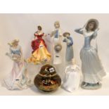 A large Lladro figure of a woman, Royal Doulton figure Belle, four other figures and a Carlton