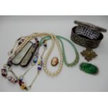 Millefiori beads, Art Deco glass and marcasite brooch, and other items Condition Report: Not