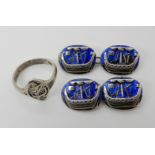 A pair of white metal Alexander Ritchie enamelled Viking longship cufflinks stamped AR Iona, and a