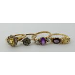 A 10k citrine, amethyst and diamond ring size P, a 9ct yellow and clear gem set ring size O and
