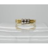 An 18ct gold retro diamond ring set with six brilliant cut diamond accents, size N1/2, weight 4gms