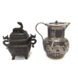 A Chinese koro and a pewter covered black basalt jug and cover Condition Report: Available upon