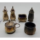 A lot comprising six assorted silver salts, peppers and a mustard pot (6), assorted marks