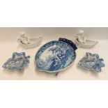 Two Spode blue and white leaf shaped pickle dishes and a Davenport blue and white printed dish