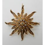 A yellow metal edelweiss shaped pendant brooch set with pearls, diameter 4.4cm x 3.7cm, weight