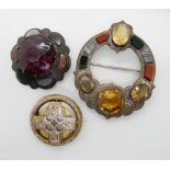 A large white metal Scottish agate and cairngorm brooch, a silver example and a gold plated
