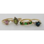 A 9ct peridot and clear gem set ring size P1/2, 9ct pink and clear gem set ring size P1/2 and two