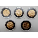 A cased WWI gold sovereign set, 1914, 1915, 1916, 1917 and 1918 (5) Condition Report: Available upon