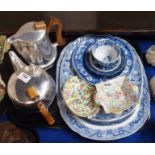 Assorted blue and white plates and platters, chintz dishes, Picquot ware etc Condition Report: