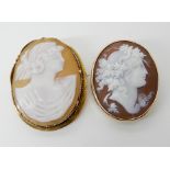 A well carved cameo of a maiden in a yellow metal brooch mount, together with another in a yellow