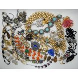 Deco clips, two Jakob Bengel items, carnelian beads, robin and holly scarf clip etc Condition