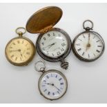 A continental silver fob watch with decorative dial, a further silver pocket watch (af) and two