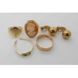 A 9ct gold cameo ring size M, a 9ct rose gold wedding ring O, a 9ct knot ring another yellow metal