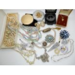 A collection of vintage costume jewellery and compacts to include a military Compass, magnetic