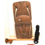 A Mauchline child's cradle, a carved wooden African figure and a wall mask Condition Report: