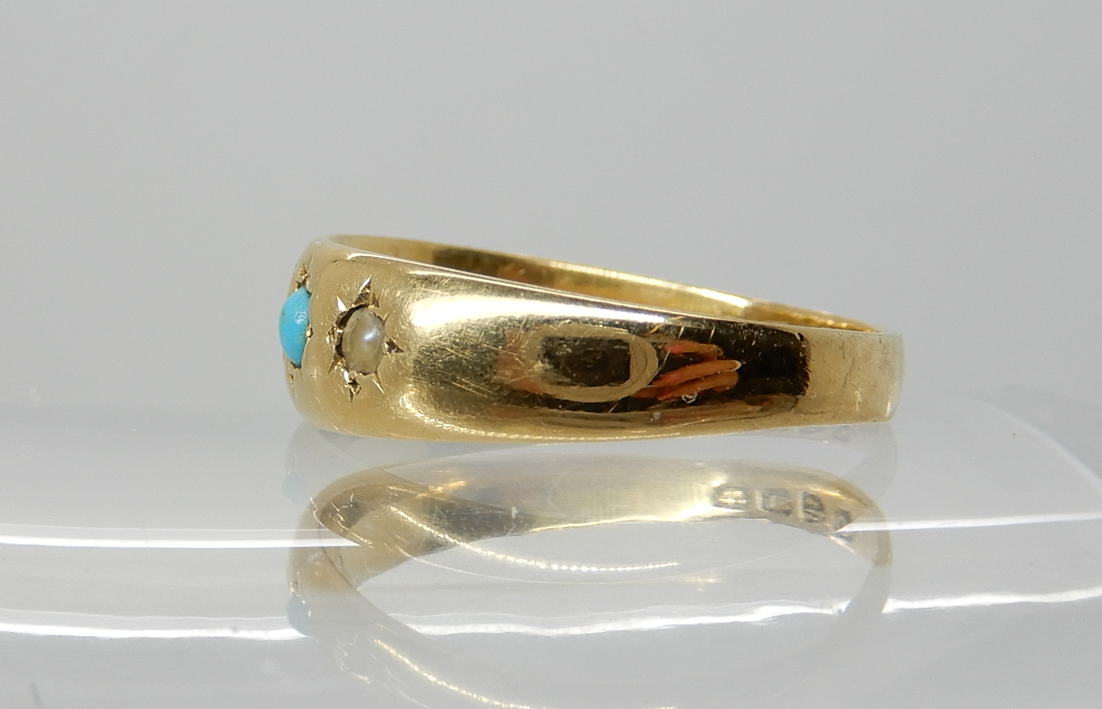 An 18ct gold turquoise and pearl ring, dated Chester 1897, size P1/2, weight 3.6gms Condition - Image 4 of 4