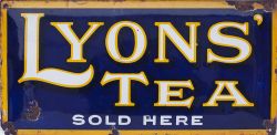 Advertising enamel sign LYONS' TEA SOLD HERE. Rectangular convex enamel measuring 19.5in x 9.5in. In