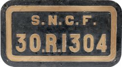 SNCF cast brass tenderplate SNCF 30R 1304 ex SNCF 141R 2-8-2. Rectangular cast brass, face restored,