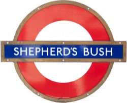 London Underground enamel target/bullseye sign SHEPHERD'S BUSH in original bronze frame. Measures