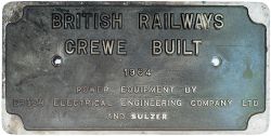 Diesel worksplate BRITISH RAILWAYS CREWE BUILT 1964 POWER EQUIPMENT BY BRUSH ELECTRICAL