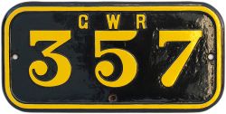 GWR cast iron cabside numberplate GWR 357 ex Taff Vale Railway Cameron Class A 0-6-2 T built by