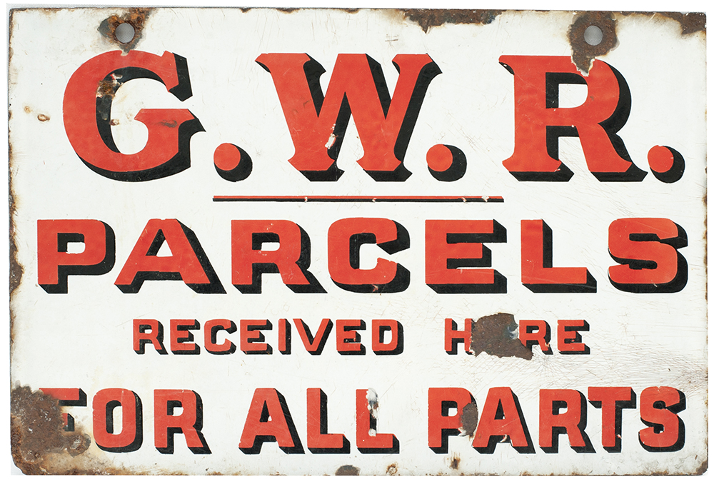 GWR enamel sign PARCELS RECEIVED HERE FOR ALL PARTS. Double sided measuring 18in x 12in. Both - Image 2 of 2