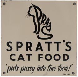 Advertising enamel sign SPRATT'S CAT FOOD PUTS PUSSY INTO FINE FORM. In very good condition complete