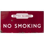 BR(M) enamel sign BRITISH RAILWAYS (in totem) NO SMOKING. In good condition with minor chipping