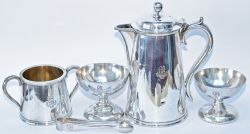GWR silverplate to include; Coffee Pot 7in tall, Sugar Bowl 2.75in tall, Sundae Dishes x 2 2.5in