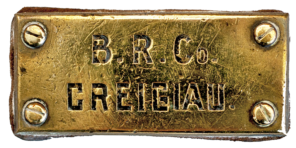 Barry Railway Company brass cashbag plate, hand engraved B.R.CO CREIGIAU. A rare survivor in very