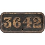 GWR cast iron cabside numberplate 3642 ex GWR Collett 0-6-0 PT built at Swindon in 1939. Sheds