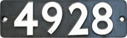 Smokebox numberplate 4928 ex Collett 4-6-0 Hall GATACRE HALL built at Swindon in 1929. Shedded at