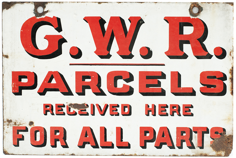 GWR enamel sign PARCELS RECEIVED HERE FOR ALL PARTS. Double sided measuring 18in x 12in. Both