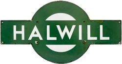 Southern Railway enamel target station sign HALWILL from the former London and South Western Railway