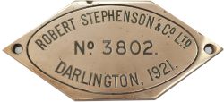 Worksplate ROBERT STEPHENSON & CO LTD DARLINGTON 1921 No 3802 ex GWR Churchward 2-6-0 6370