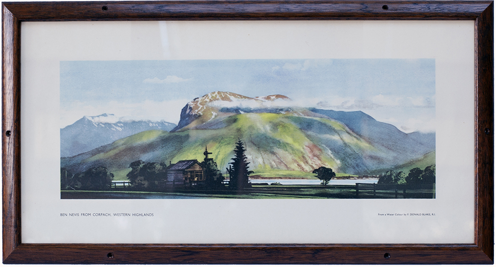 Carriage print BEN NEVIS FROM CORPACH, WESTERN HIGHLANDS by F. Donald Blake from the LNER Post War